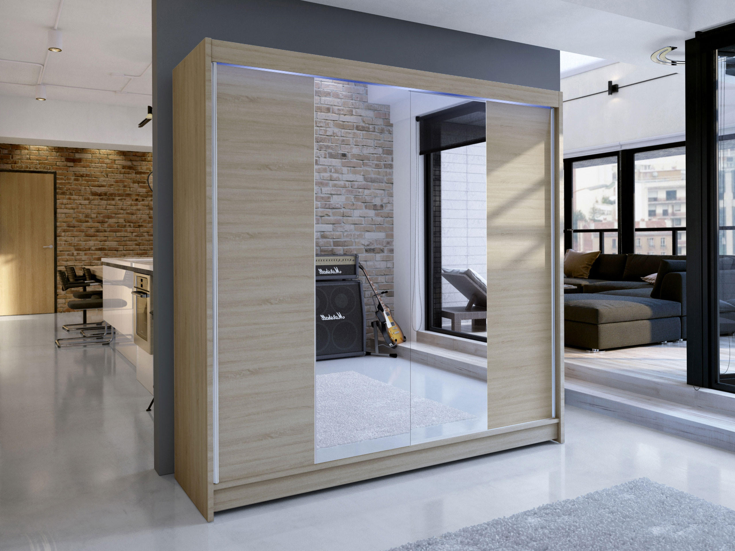 SCHWEBETÜRENSCHRANK Talin II, mit RGB LED Beleuchtung - Silberfarben/Sonoma Eiche, Holzwerkstoff/Metall (180/215/58cm) - MIRJAN24