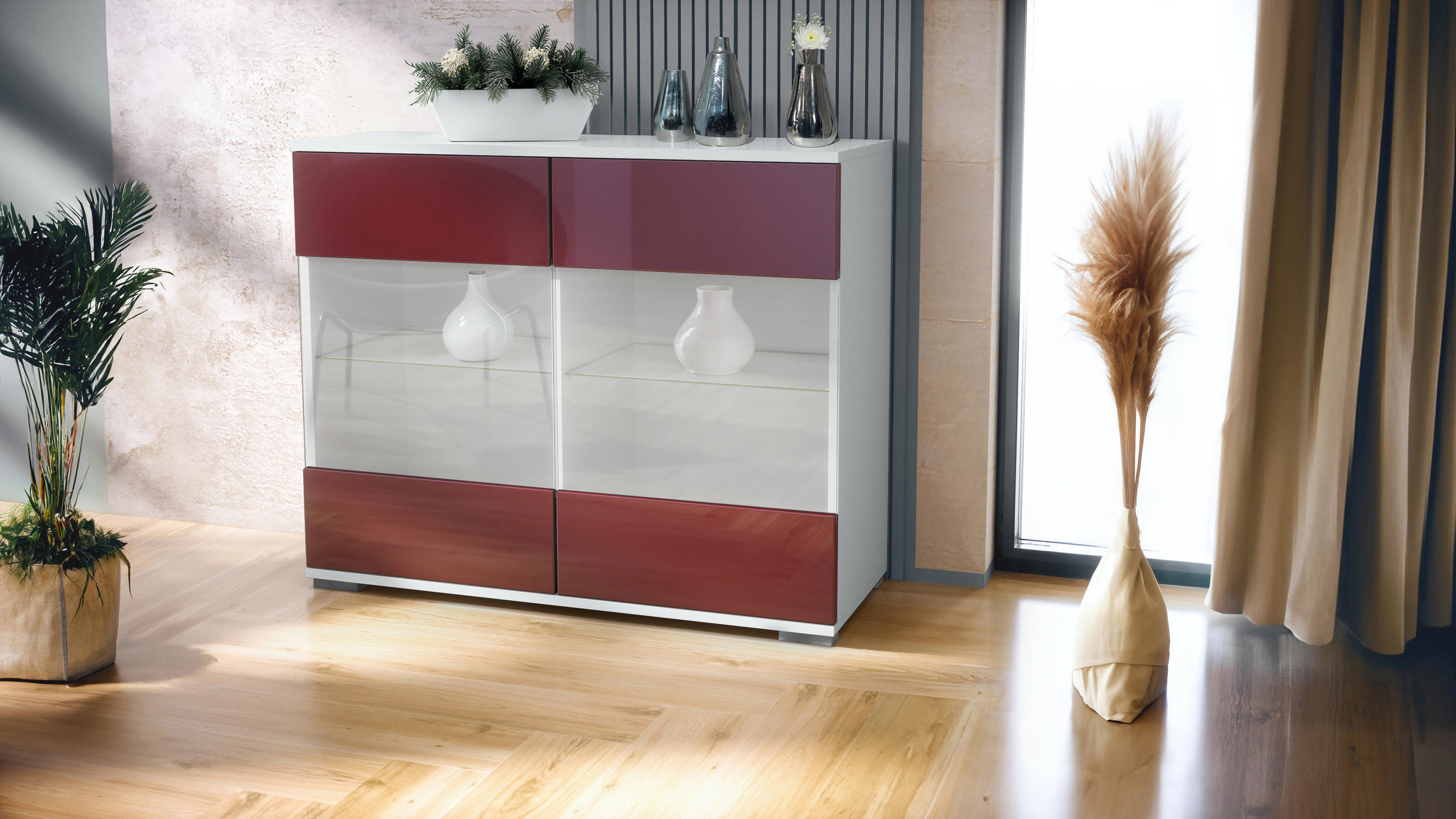 KOMMODE Bari Bordeaux Hochglanz - Bordeaux, Holzwerkstoff (92.5/75.5/35cm) - Vladon