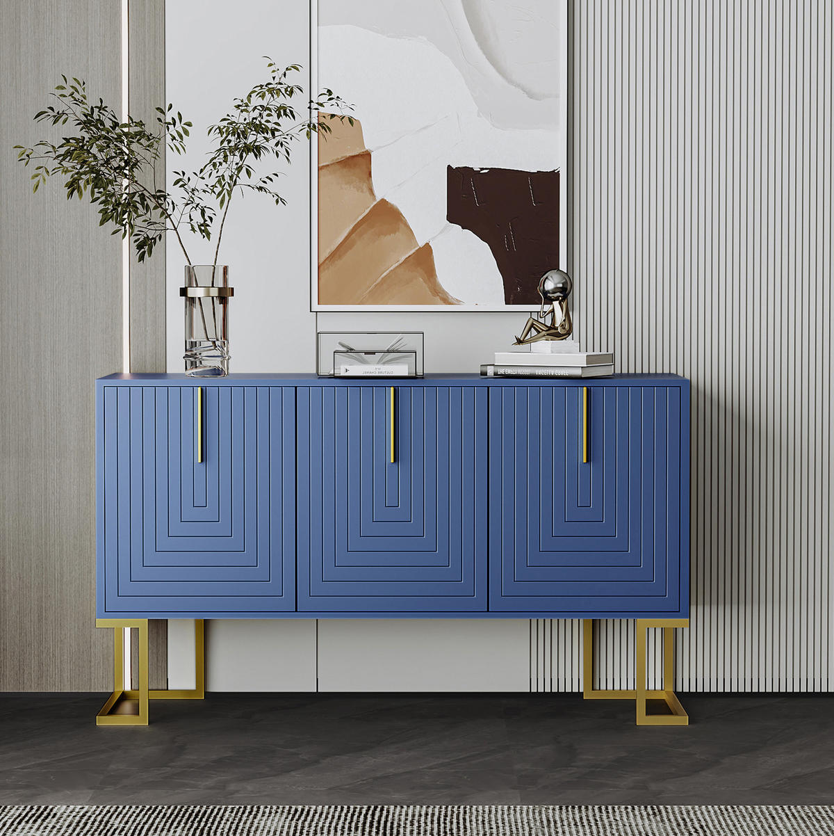 SIDEBOARD in Navy Blau mit 3 Türen, verstellbaren Regalböden und Metallbasis,138/80.5/40 cm - Blau, Holzwerkstoff (138/80.5/40cm) - Flora Grace
