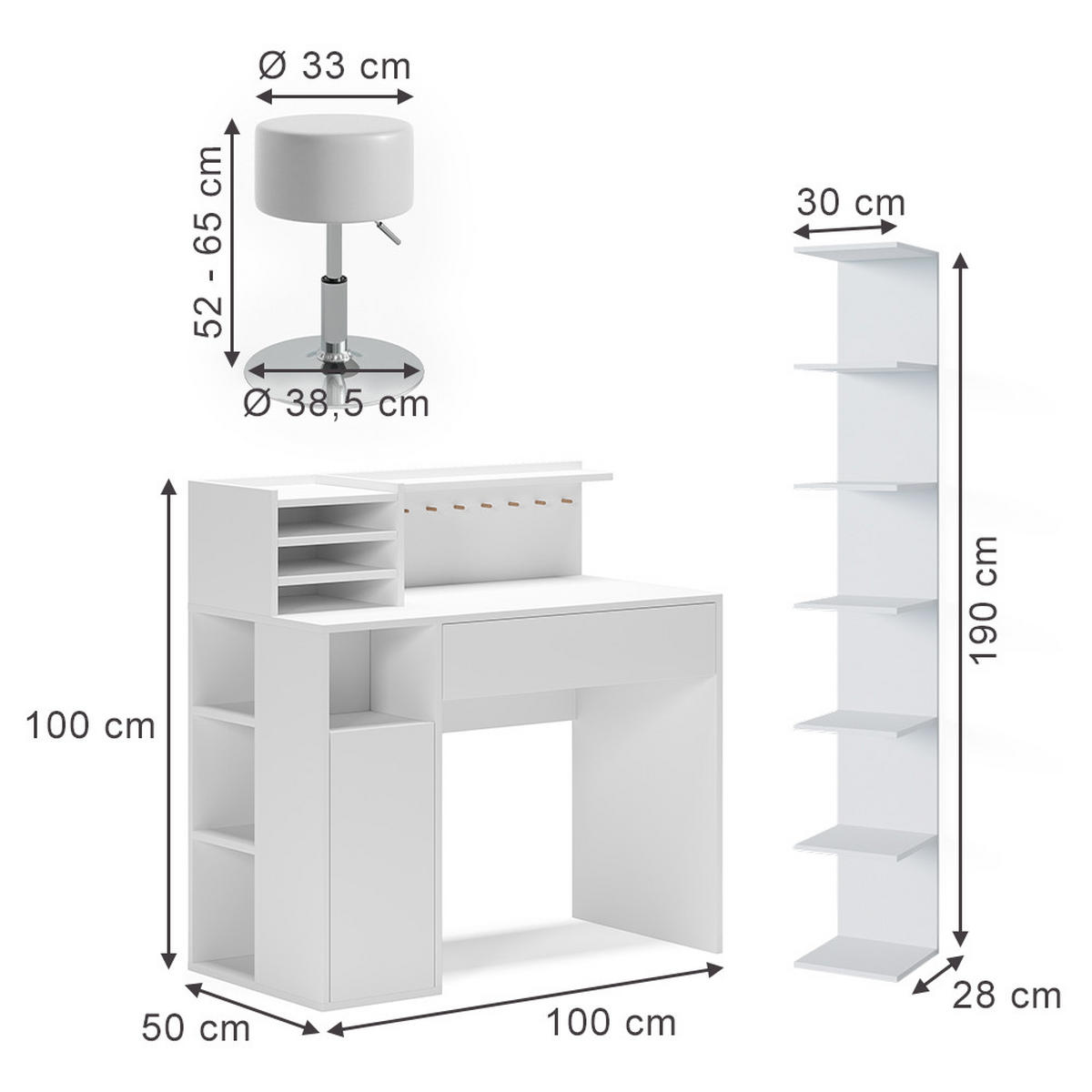 SCHREIBTISCH Weiß 3 Teile, mit Bücherregal und Hocker - Weiß, Holzwerkstoff (50/100/100cm) - Vicco