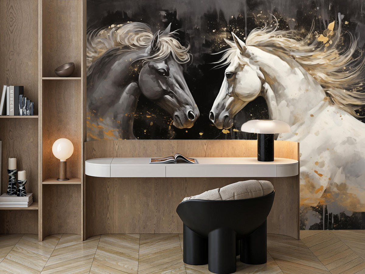 FOTOTAPETE für Büro Schwarz-Weiß Pferd Aquarell Goldakzente Eleganz 450x315 - Beige/Schwarz, Papier (450/315cm) - Muralo