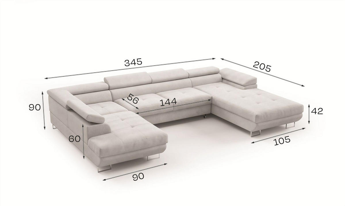 WOHNLANDSCHAFT Gianluca - Hellgrau, Holzwerkstoff/Textil (205/90/345cm) - Fun Möbel