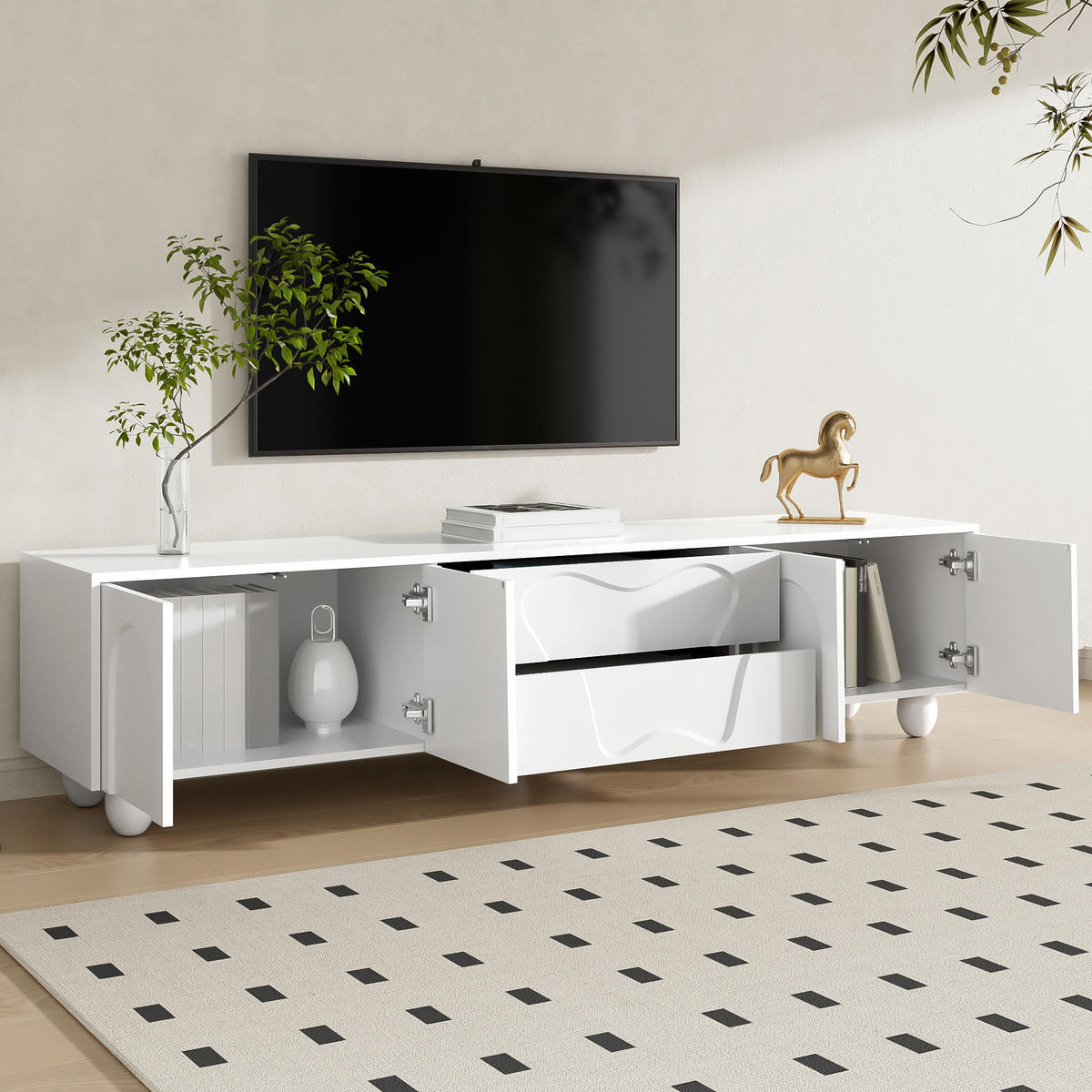 TV-SCHRANK 180/40/42 cm weiß PB mit massivem Holzbeinen und multifunktionalen Fächern - Weiß, Holzwerkstoff (180/42/40cm) - OKWISH
