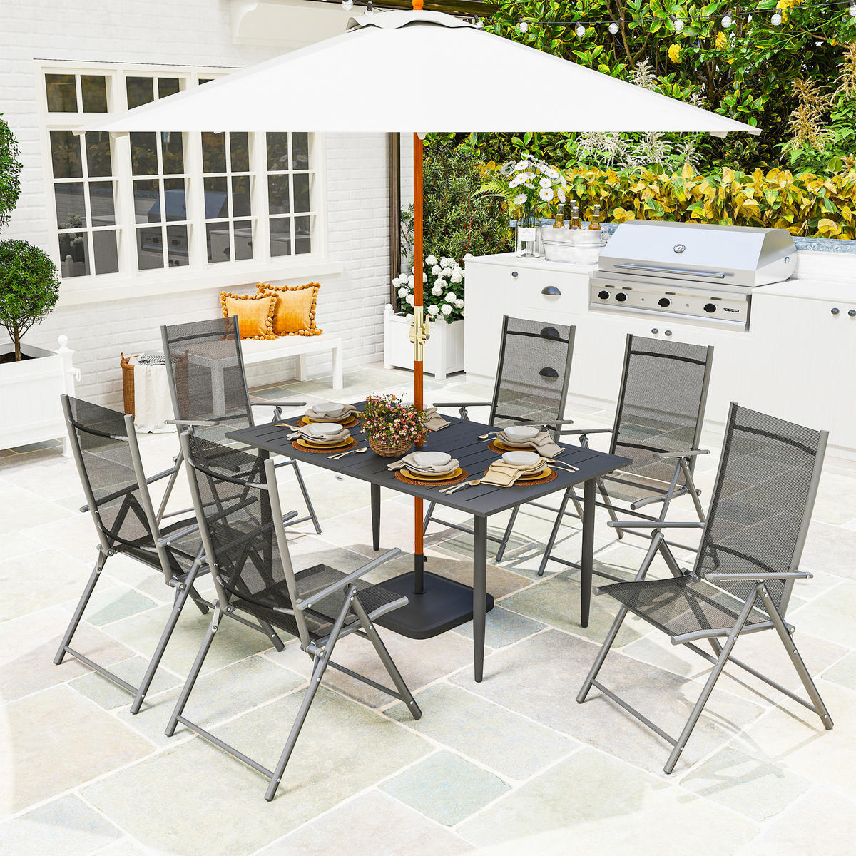 GARTENTISCH DE-07277 mit Schirmloch und Lattendesign Schwarz - Schwarz, Metall (150/90/73cm) - ComfortXL