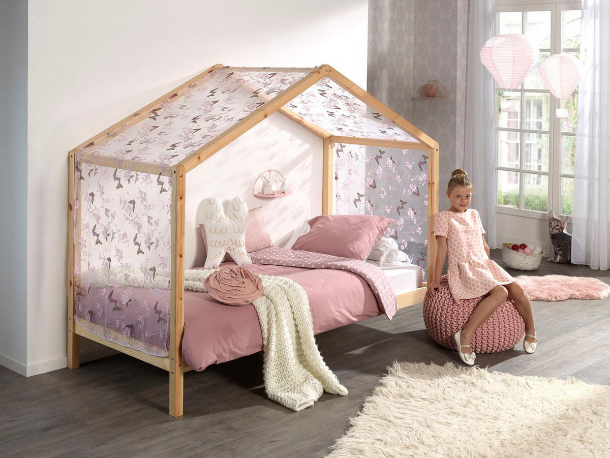 HAUSBETT mit Textilhimmel Kapua 210x170x97 aus Massivholz in Natur - Rosa, Holz (90/200cm) - 58aufmkessel