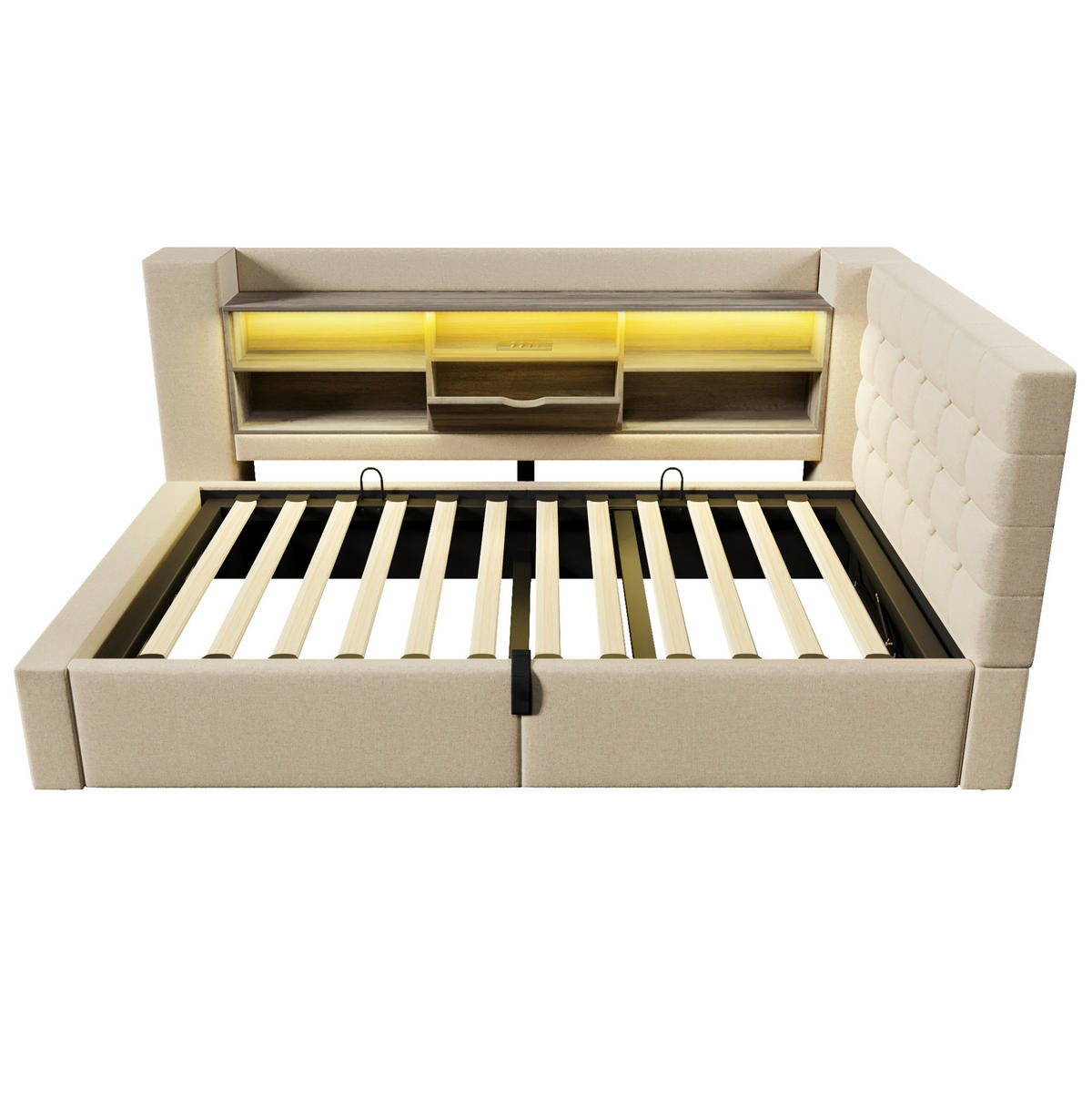 POLSTERBETT aus Leinen, Metall und Holz 90x190 cm Beige mit LED-Beleuchtung, USB-Anschlüssen und Stauraum - Beige, Textil (90/190cm) - IVMEU