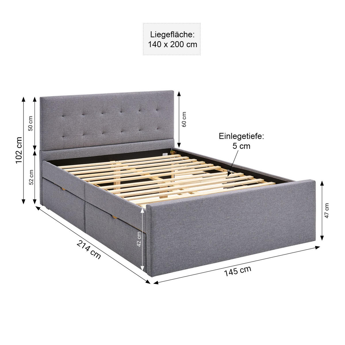 POLSTERBETT mit Stauraum 140/200 cm in Grau - Anthrazit/Grau, Textil (140/200cm) - Homestyle4u