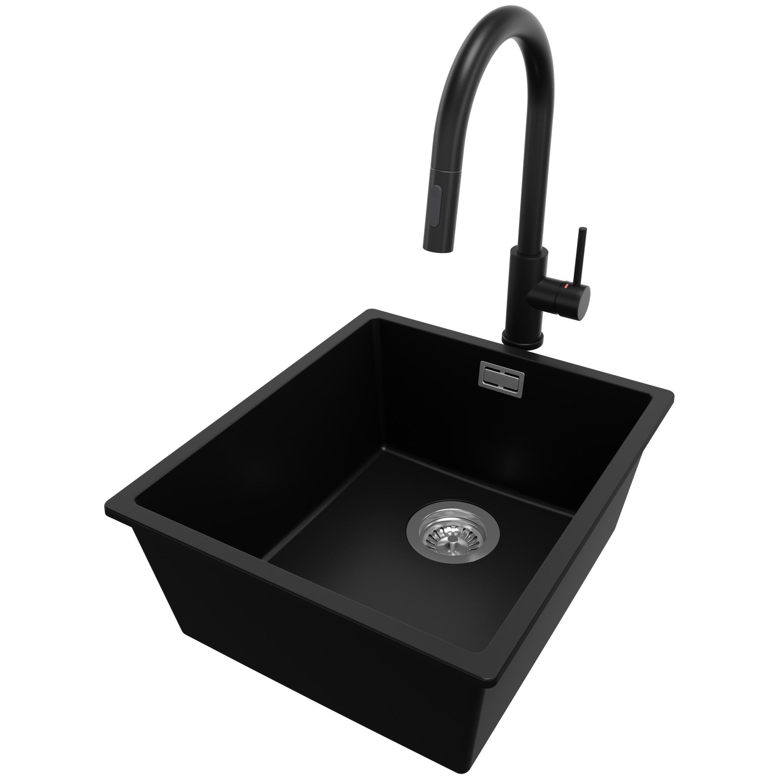 UNTERBAUSPÜLE GRANIT London, 2-er set Schwarz 41/47 cm 1 Becken + Küchenarmatur 40/20 cm + Ablauf-Set ab 45er Unterschrank - Chromfarben/Schwarz, Kunststoff (41/20/47cm) - Primagran