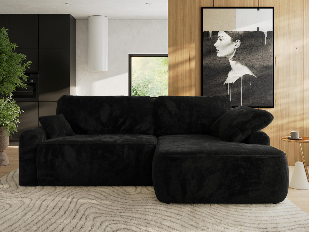 ECKSCHLAFSOFA CUBO L Schwarz Plüsch - rechts - Schwarz, Kunststoff/Textil (187/273cm) - MKS