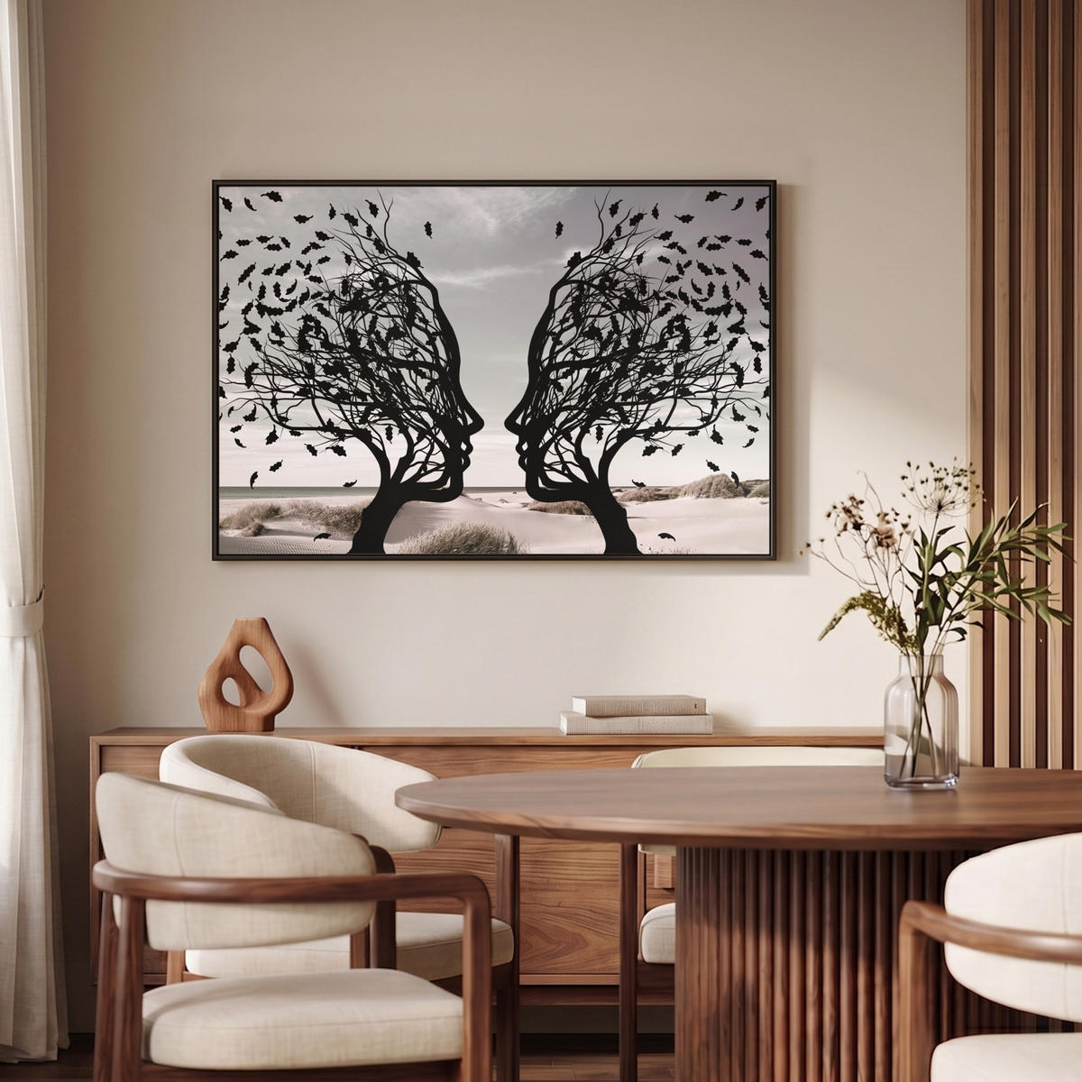 LEINWAND Bilder mit Rahmen - Strand - Meer - Menschen - Baum - Moderne Kunst - 90x60 - Hellgrau, Textil (90/60cm) - MuchoWow
