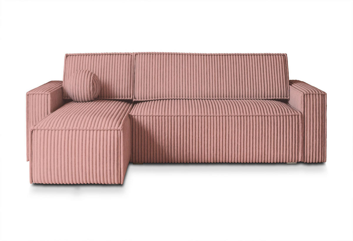 ECKSOFA RAVELO T Rosa Kordstoff mit Schlaffunktion - Rosa, Holz (240/140cm) - MASSENO