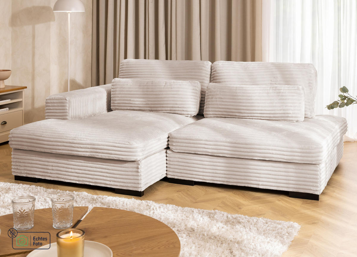 ECKSOFA Wolke mit tiefer Sitzfläche, Schlaffunktion und praktischem Bettkasten aus weichem Hellbeige Cordstoff - Beige/Schwarz, Holz/Kunststoff (162/225cm) - S-Style