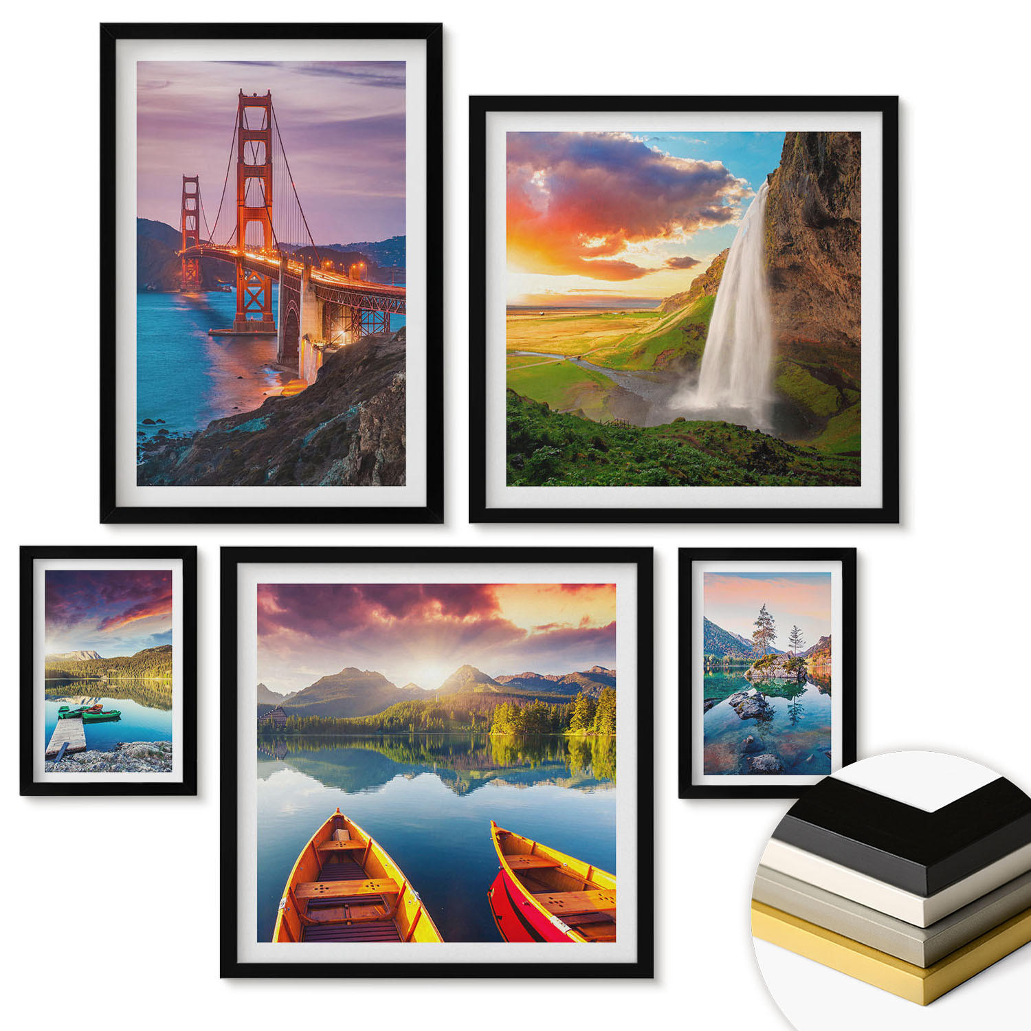 WANDBILDER 5er-Set - 50x50 cm & 20x30 cm & 40x60 cm Schwarzer Rahmen - Bergseen, Boote, Brücken - Schwarz, Kunststoff (40/60cm) - ArtPrintCave