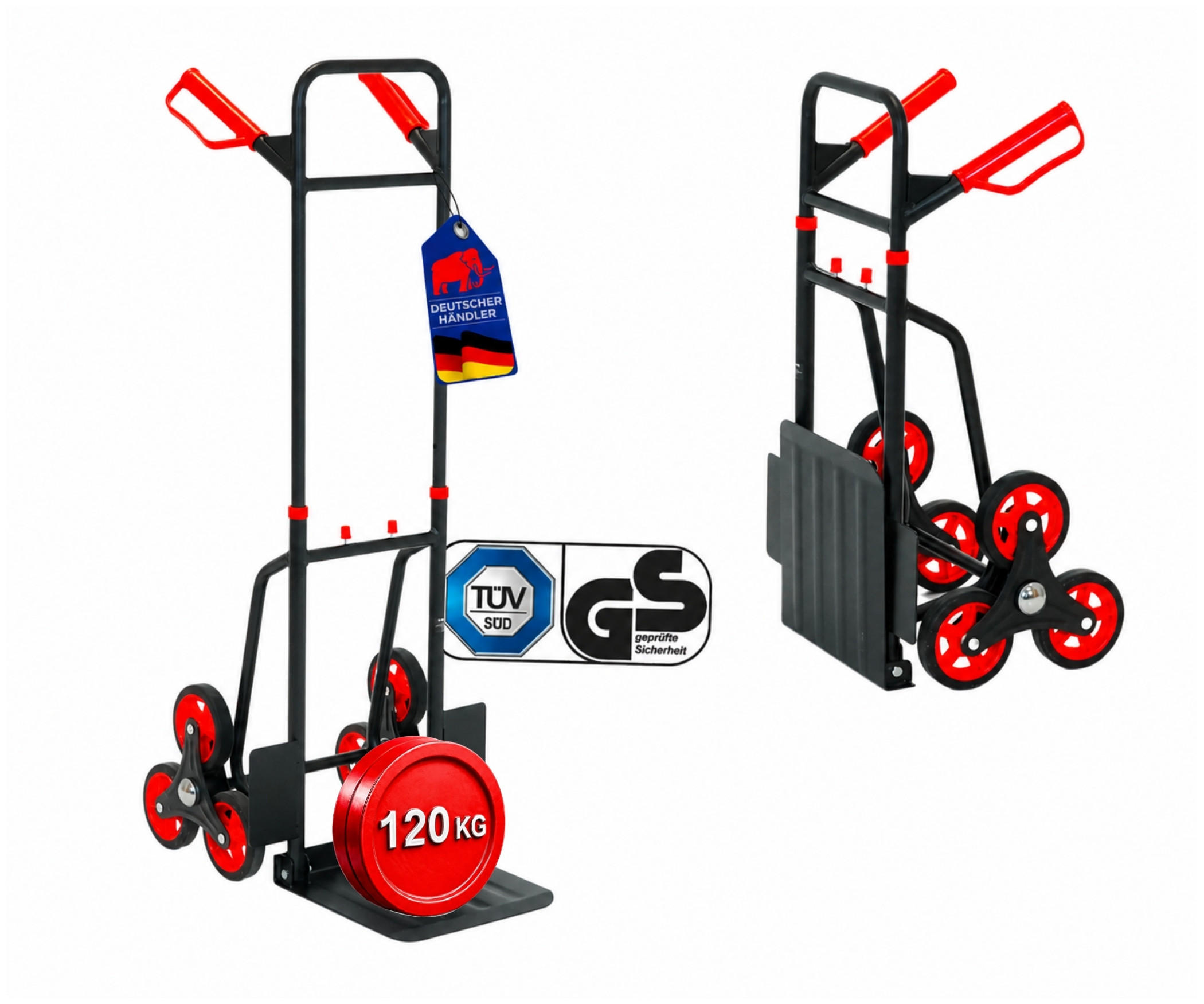 TREPPENSTEIGER Sackkarre Taurus 120 113x38x55cm Traglast 120kg Griff, Klappbar, Stahl Rot-Schwarz - Schwarz, Metall (55/38/113cm) - PROREGAL