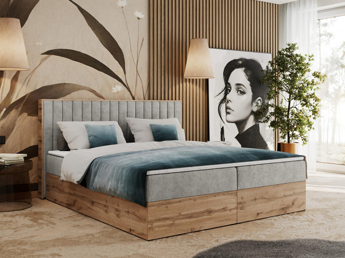 BOXBETT ALBERO 4 - 160/200 Hellgrau Struktur - H4 - Hellgrau, Holz/Textil (160/200cm) - MKS