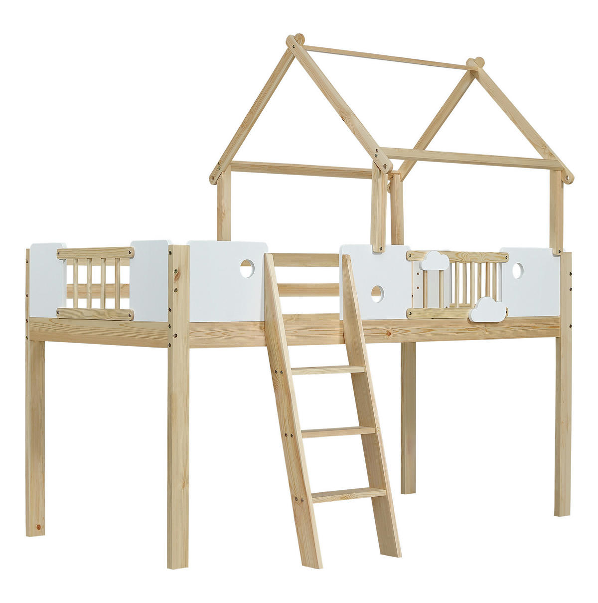 HOCHBETT 90/200 cm aus Kiefer/MDF mit Dachdesign, Fallschutz, 3-stufiger Leiter und frei nutzbarem Unterraum, Weiß/Natur - Weiß, Holzwerkstoff (90/200cm) - Redom