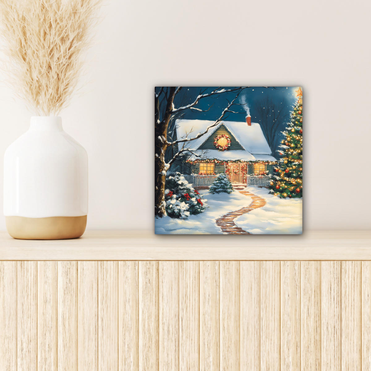 LEINWANDBILD Weihnachten - Weihnachtsbaum - Winter - Zuhause - Schnee 20x20 cm - Multicolor, Textil (20/20cm) - MuchoWow