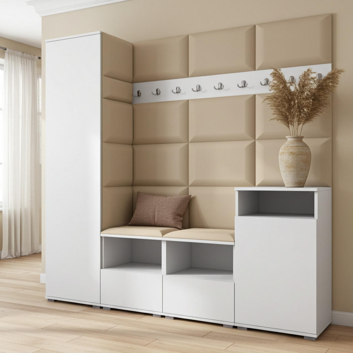GARDEROBE NELA X 200 cm (Modulare Flurmöbel Weiß mit Sitzpolster Beige 04 Schrank + Sidelboard) - Beige/Silberfarben, Holz/Holzwerkstoff (200/187/40cm) - Ravio