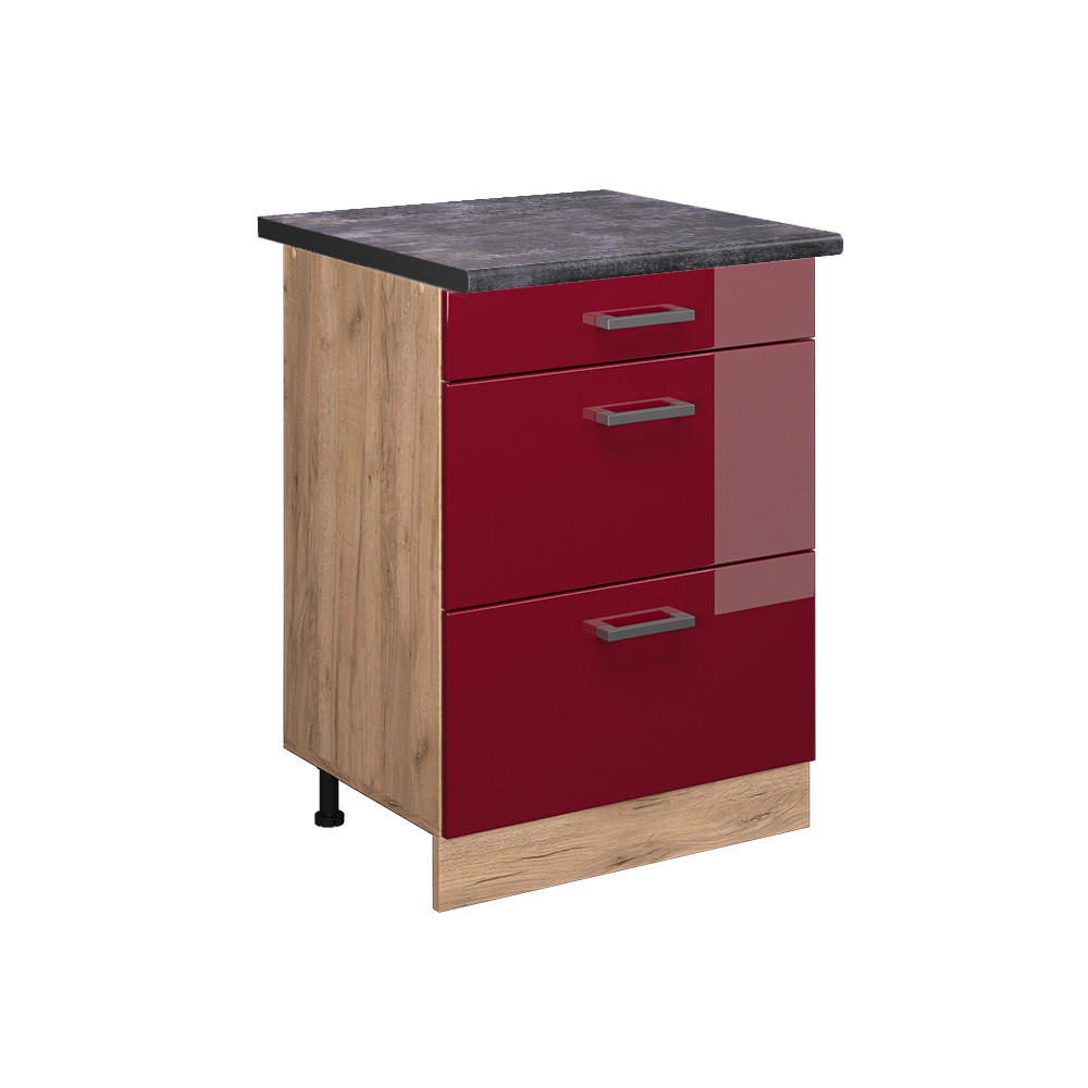 KÜCHENUNTERSCHRANK R-Line Rot Hochglanz 60 cm mit Schubladen, AP Anthrazit - Eiche Wotan/Rot, Holzwerkstoff (60/81.6/60cm) - Vicco