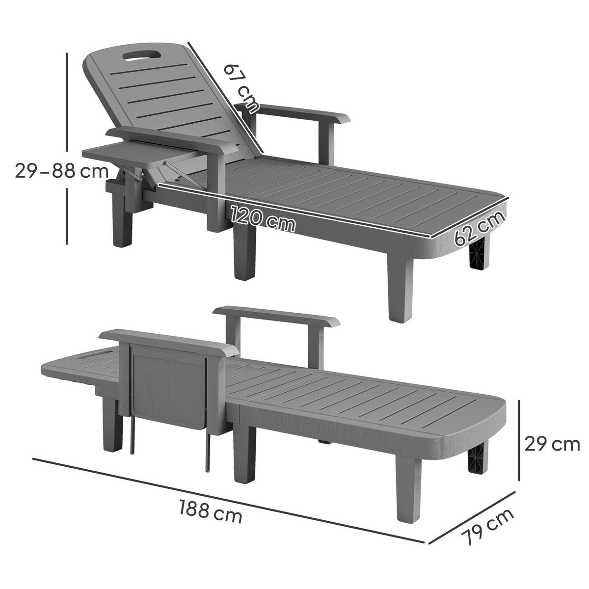 SONNENLIEGE Gartenliege mit Seitentisch Holzoptik Liegestuhl mit 5-Fach verstellbare Rückenlehne Dunkelgrau - Dunkelgrau, Metall (158/88/79cm)