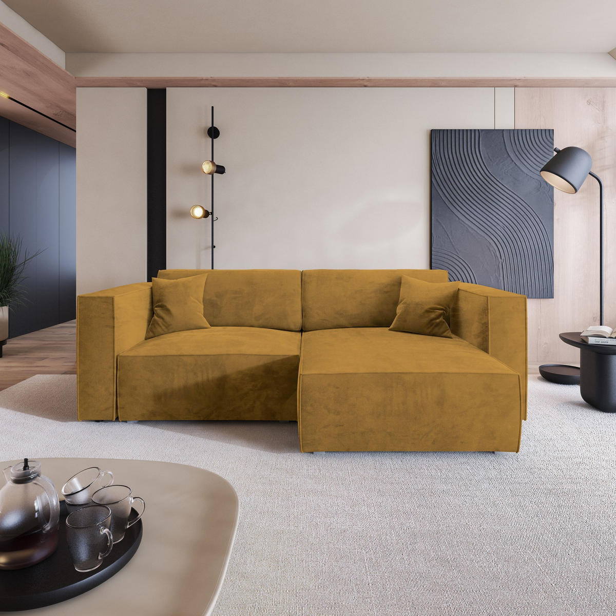 ROHOVÁ SEDAČKA NERIO žlutá - šedá/žlutá, dřevo/textil (245/148cm) - MASSENO