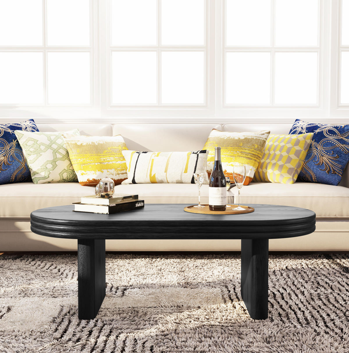 COUCHTISCH aus MDF mit Massivholzfurnier 120x60x41,5 cm Schwarz oval, vielseitig und pflegeleicht - Schwarz, Holzwerkstoff (120/60/41.5cm) - Modfu
