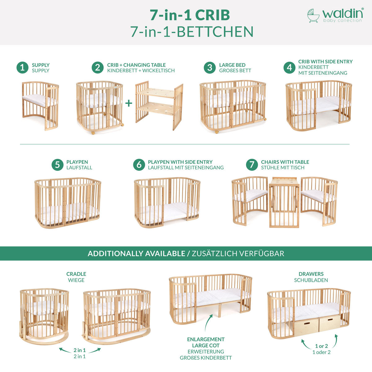 BABYBETT WHITE, 7in1 mit Matratze - Weiß, Holz (73/123cm) - waldin