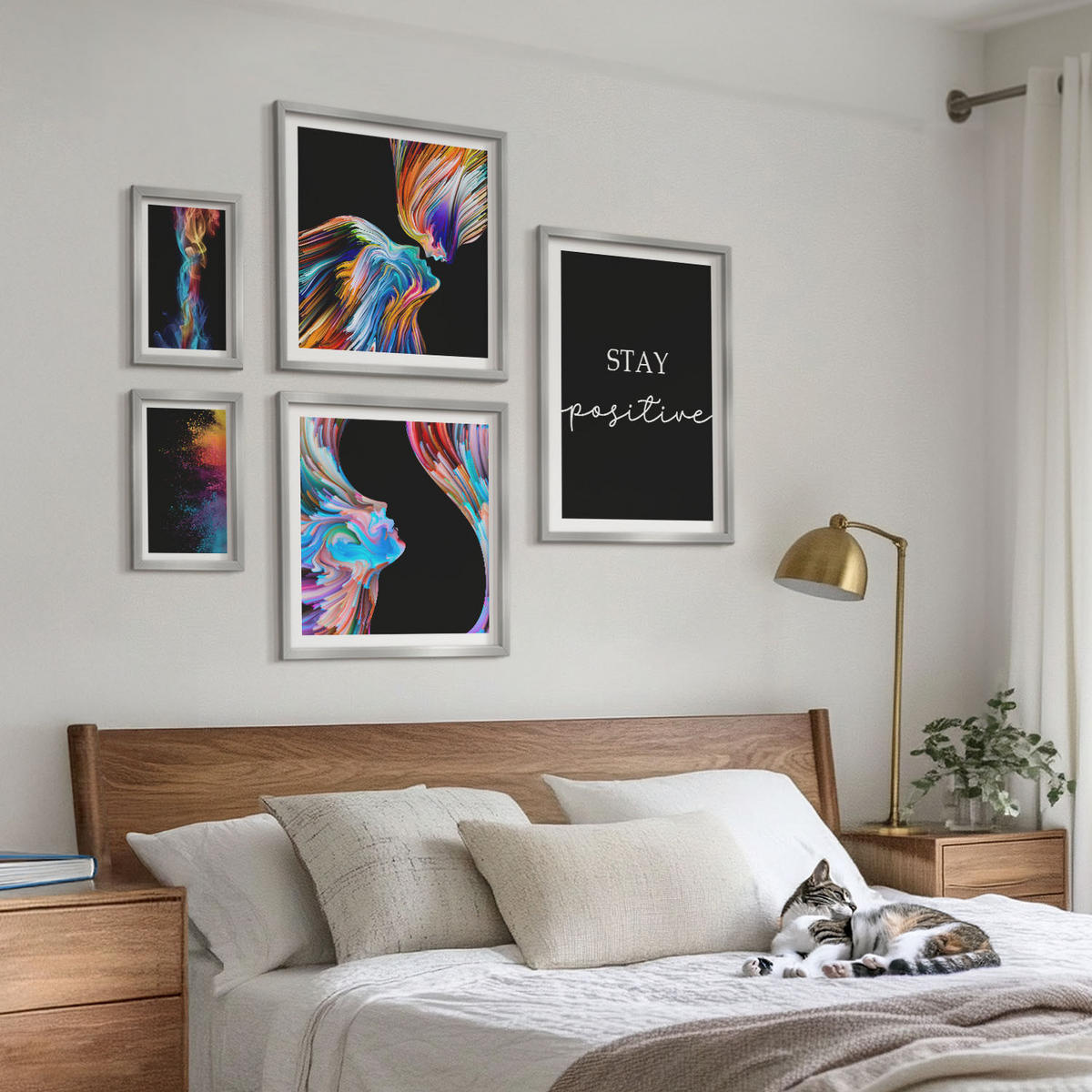 BILDER SET 5er Set - 50x50 cm & 20x30 cm & 40x60 cm Silberner Rahmen - Rosa geometrische Pfingstrosen - Silberfarben, Kunststoff (40/60cm) - TULUP