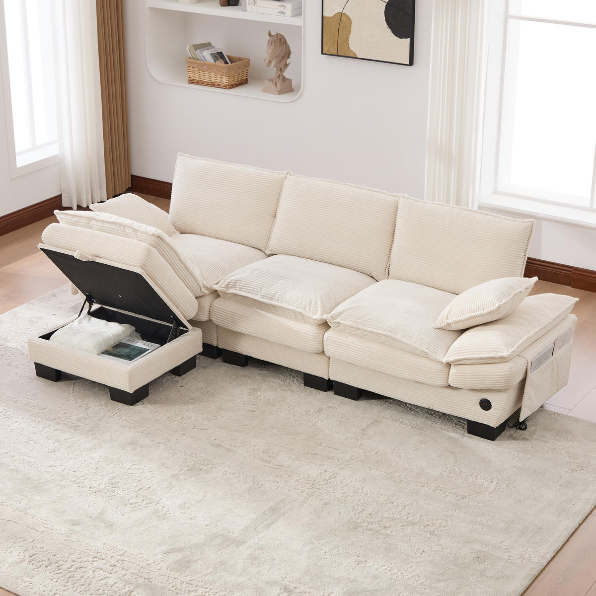 3-SITZER Sofa aus Cord 260x132x84 cm mit USB-C & Seitentaschen, beige - Beige, Textil (132/84/260cm)