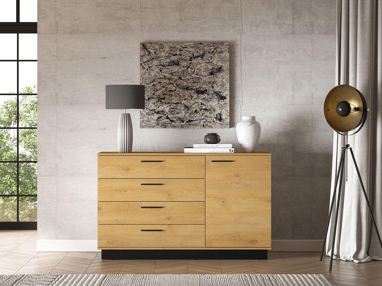 KOMMODE Modesto Eiche Style hell / Schwarz 138 / 40 / 86 cm - Eichefarben/Schwarz, Holz/Holzwerkstoff (138/86/40cm) - Feldmann-Wohnen