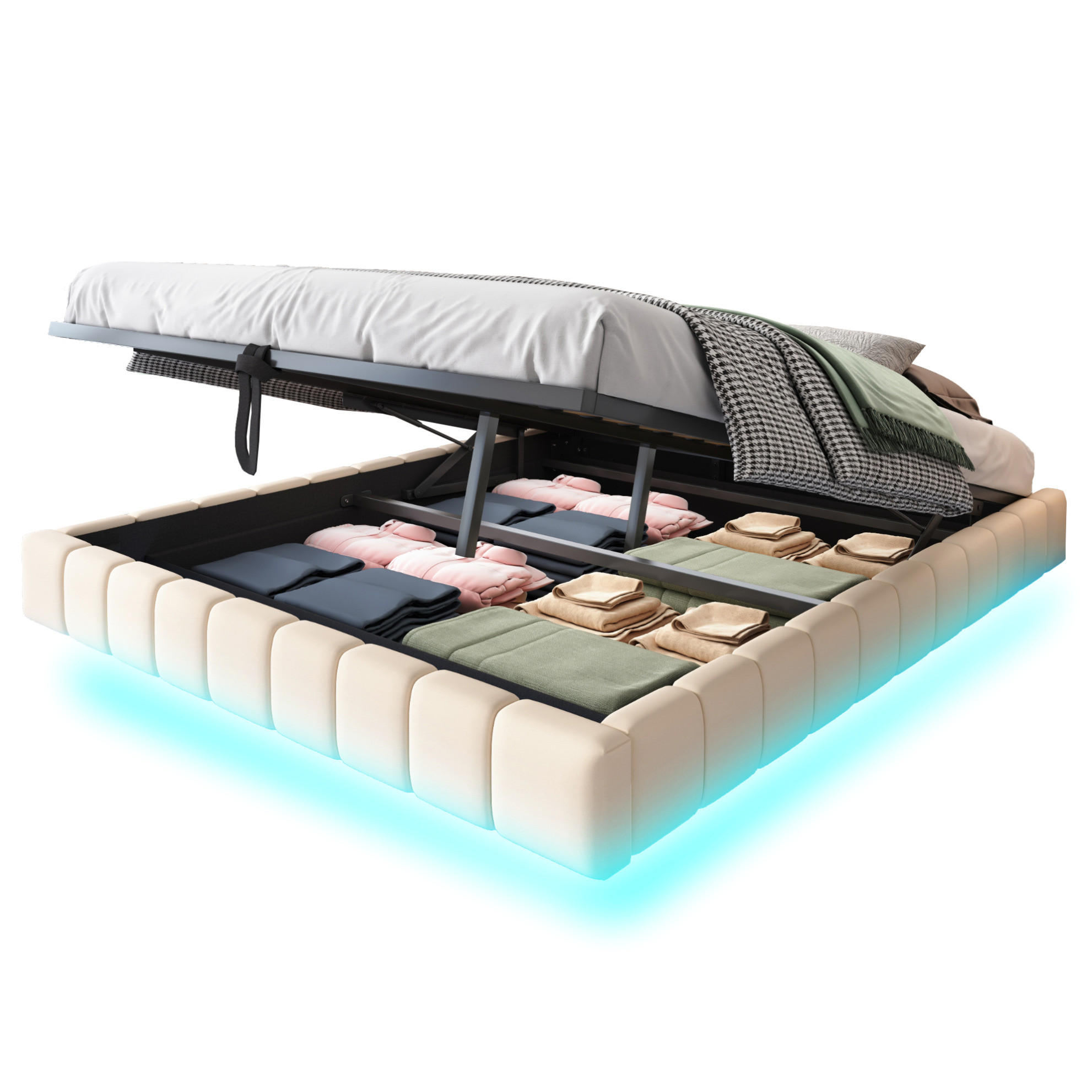 Modfu ČALOUNĚNÁ postel z látky 160x200 cm béžová s LED osvětlením, úložným prostorem a bez čela