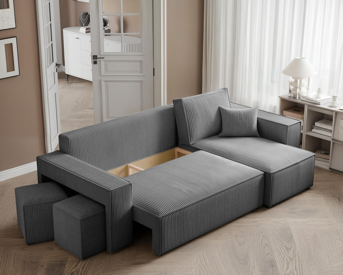 ECKSOFA PARIS mit Schlaffunktion und Bettkasten Dunkelgrau - Dunkelgrau, Holzwerkstoff/Kunststoff (262/145cm) - Idohome