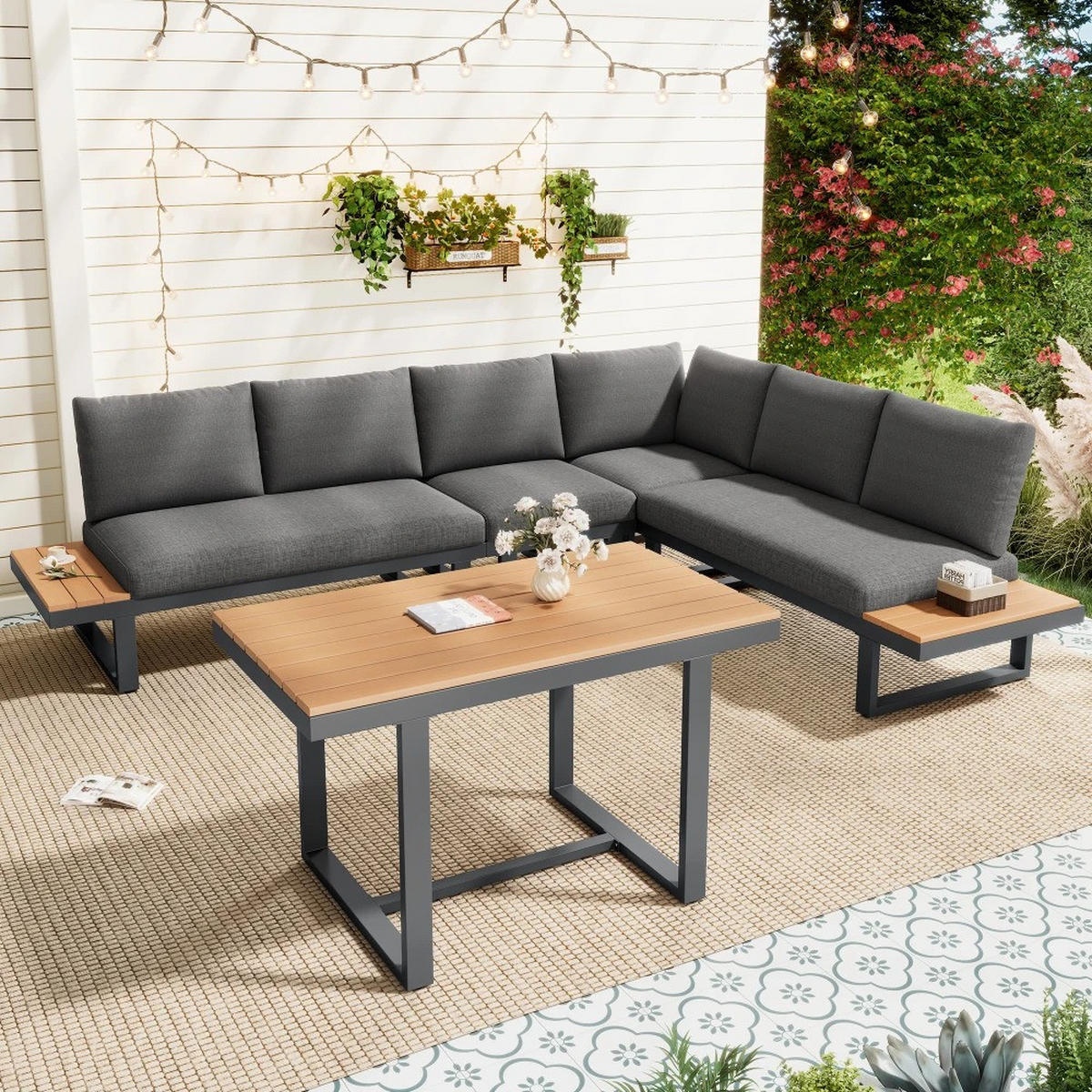 DINING-LOUNGESET Grau, 5-fach Neigung verstellbar - Grau, Textil - Kaket