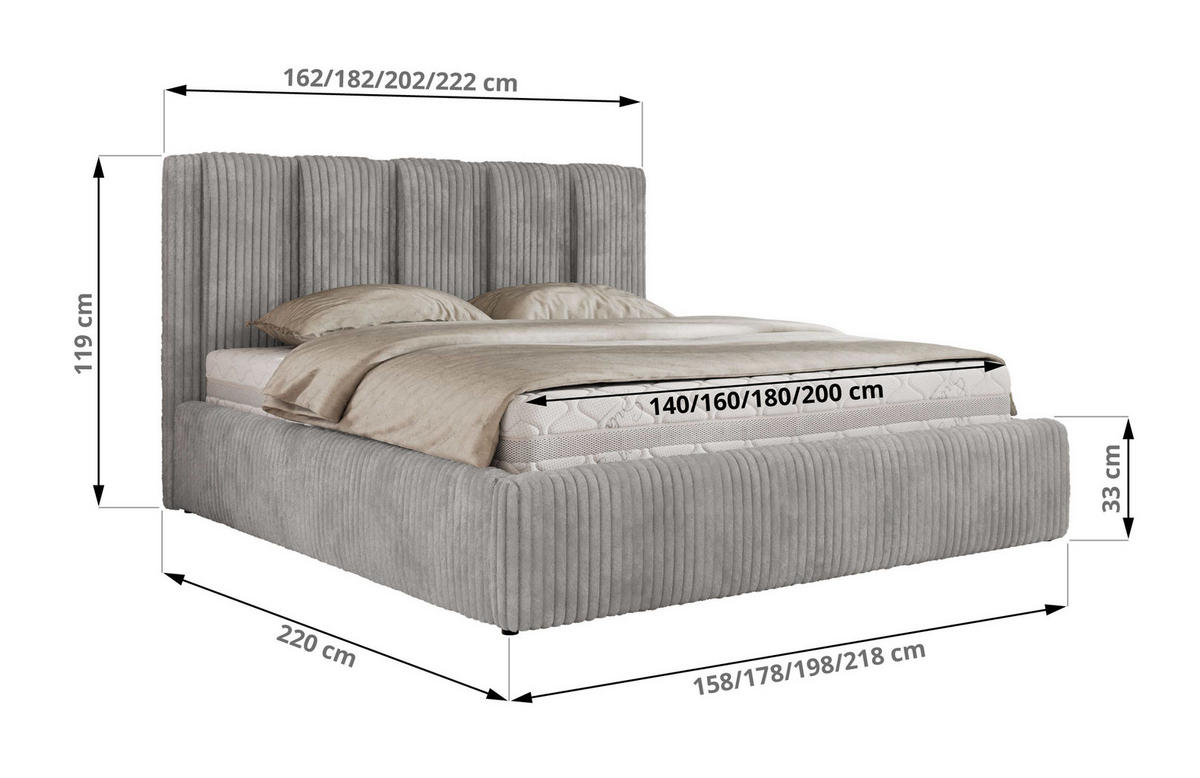 POLSTERBETT SAVINO CLASSIC 160/200 - Hellgrau Cord - Schaum-Matratze - Hellgrau, Textil (160/200cm) - MKS