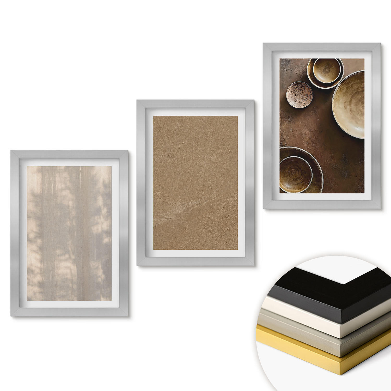 WANDBILDER 3er Set - 20x30 cm Silberner Rahmen - Minimalistische Texturstrukturen - Silberfarben, Kunststoff (20/30cm) - ArtPrintCave