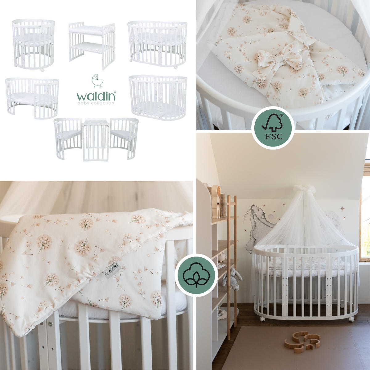 BABYBETT WHITE OVAL 7in1 mit Matratze und Himmelset - Weiß/Braun, Holz/Textil