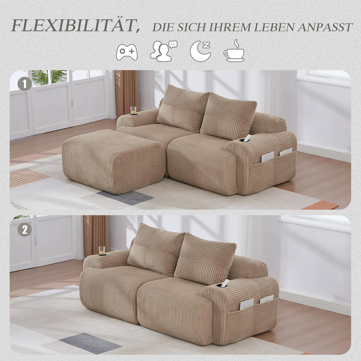 ECKSOFA 200/174/80 cm khaki aus Cord mit Cupholder und Seitentasche - Sandfarben, Textil (174/200cm) - OKWISH