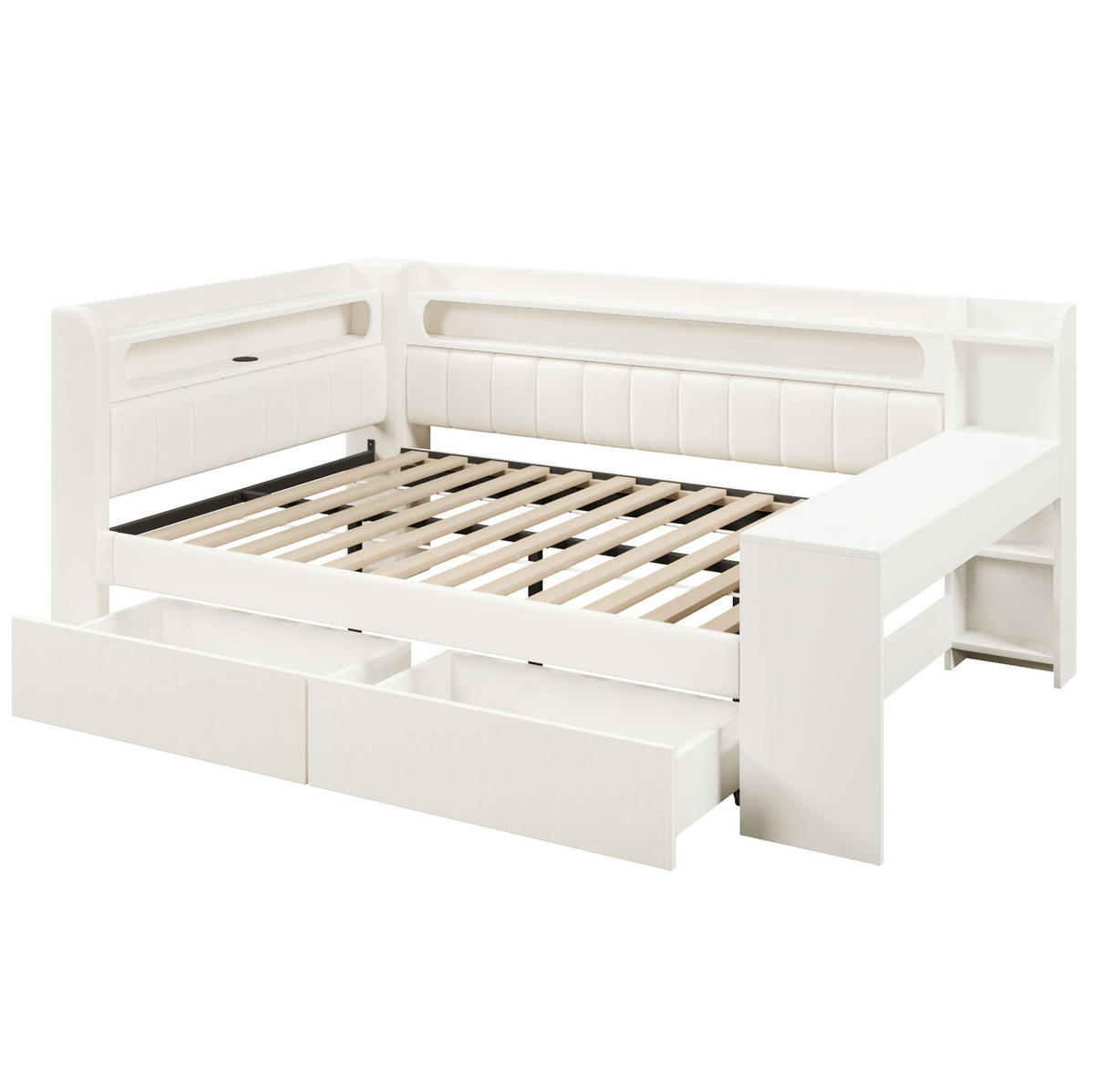 POLSTERBETT 140/200 cm weiß aus MDF mit LED und USB mit Schreibtisch - Weiß, Holzwerkstoff (140/200cm) - OKWISH