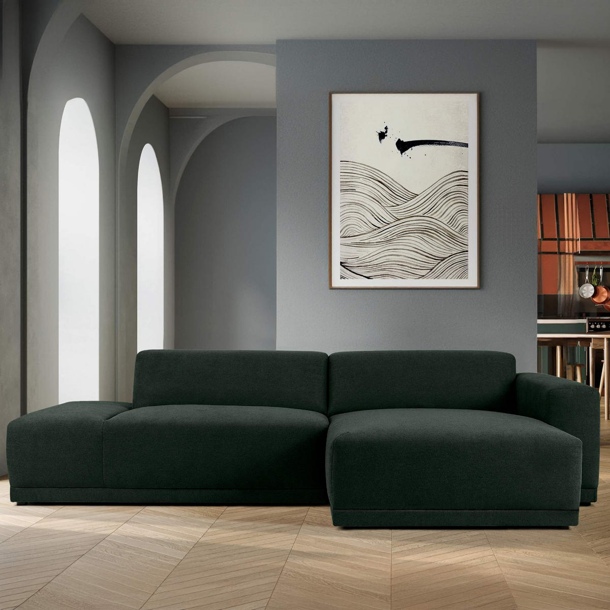 ECKSOFA RECHTS MUDI in moderner Optik mit hochwertigem Kaltschaum, Cord-Stoff, Dunkelgrün - Dunkelgrün/Schwarz, Textil (280/160cm) - KONSIMO®