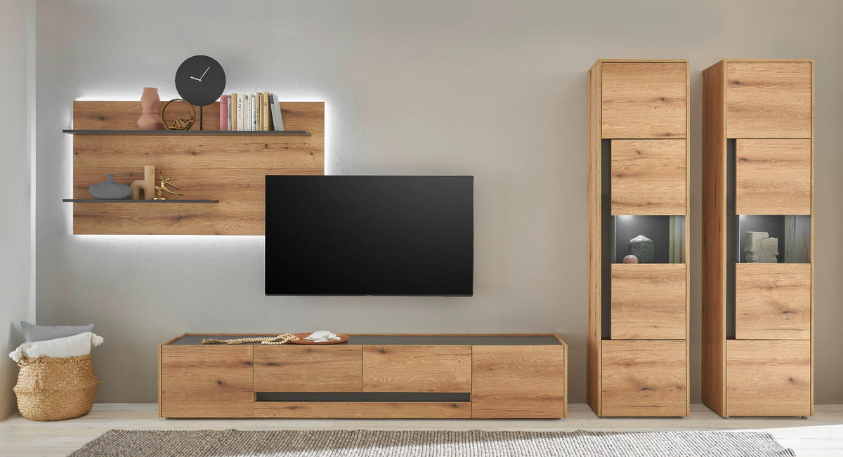 WOHNWAND Evoke Eiche, grau, Wohnkombination Set 4-teilig mit XL-TV-Schrank 400 cm - Eichefarben/Grau, Glas/Holz (400/197/45cm) - Furn.Design