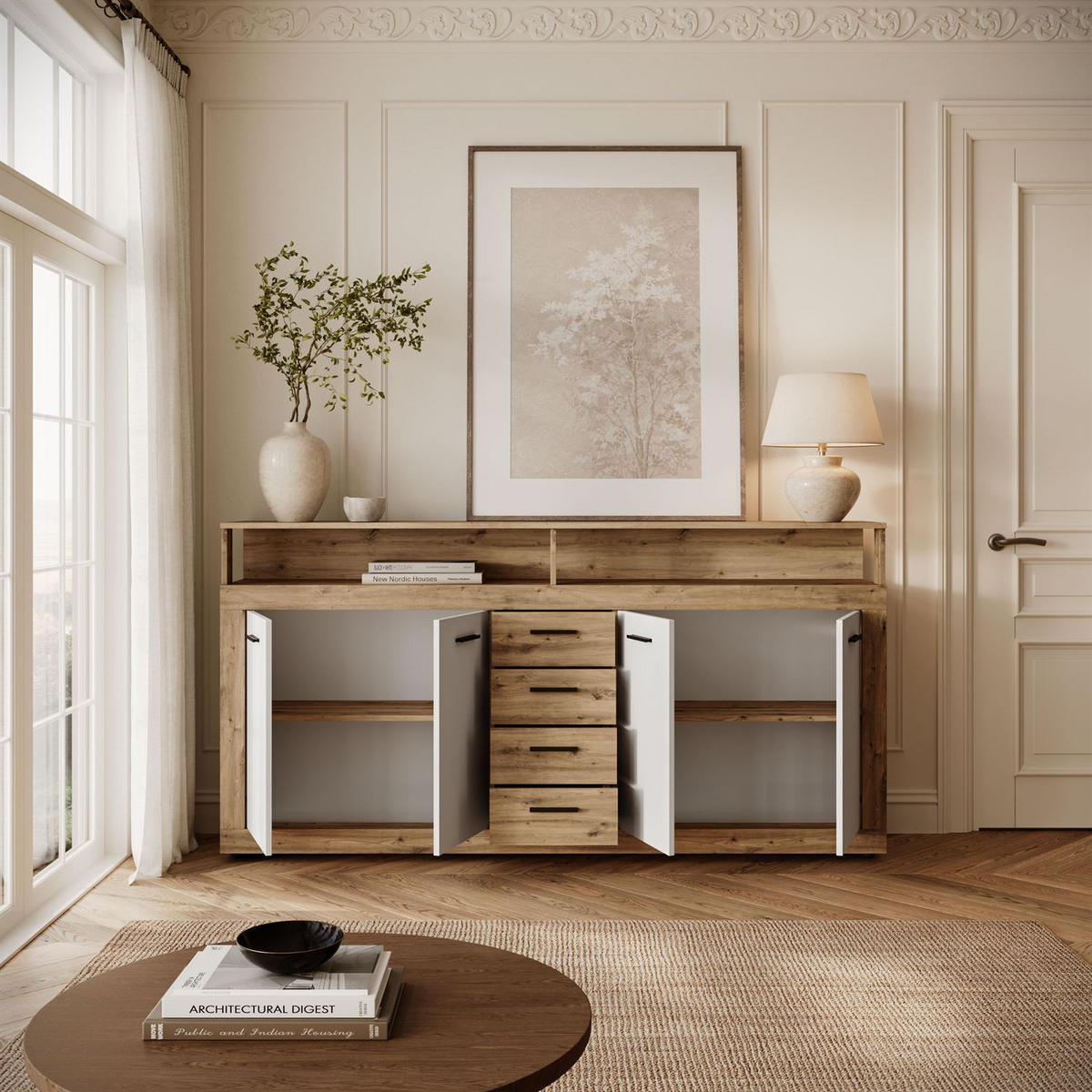 KOMMODE ROMANO mit Schubladen - Eiche Artisan/Weiß, Holzwerkstoff (190/96/32cm) - Lookway