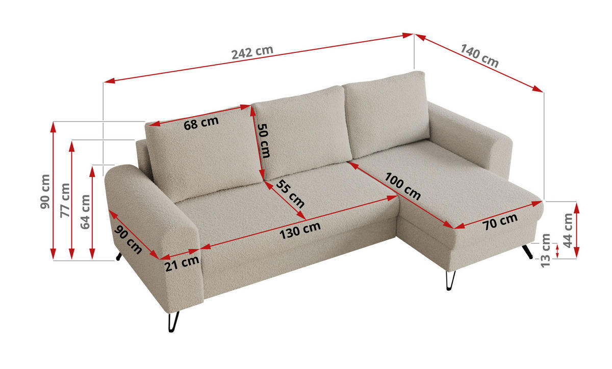 ECKSOFA Hugo Boucle Beige - Beige/Schwarz, Textil/Metall (242/140cm) - MKS