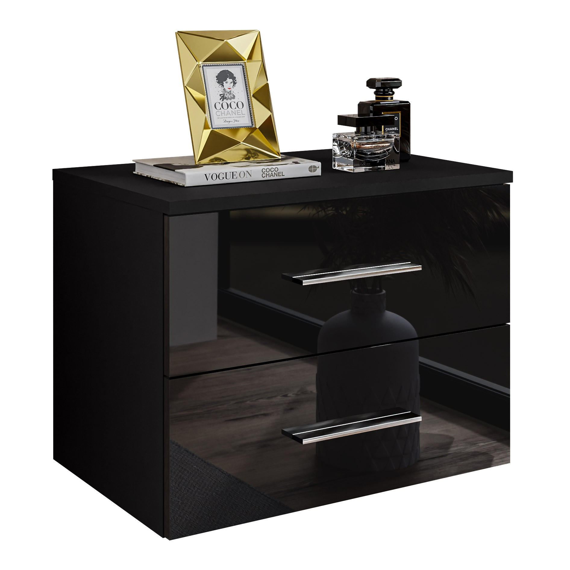 NACHTTISCH LINA II hängend mit Chromgriffen, LED, Hochglanz - Schwarz, Holzwerkstoff (55/42/37cm) - Lookway