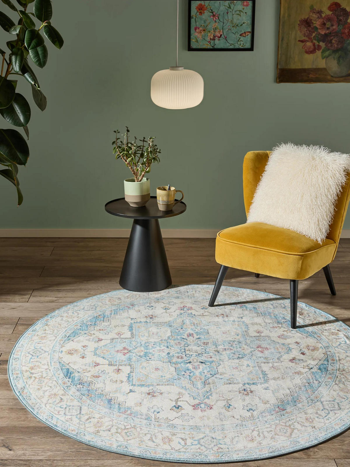 VINTAGE-TEPPICH Miray waschbar ø 160 cm rund - Blau/Multicolor, Kunststoff (160/160cm) - benuta Nest