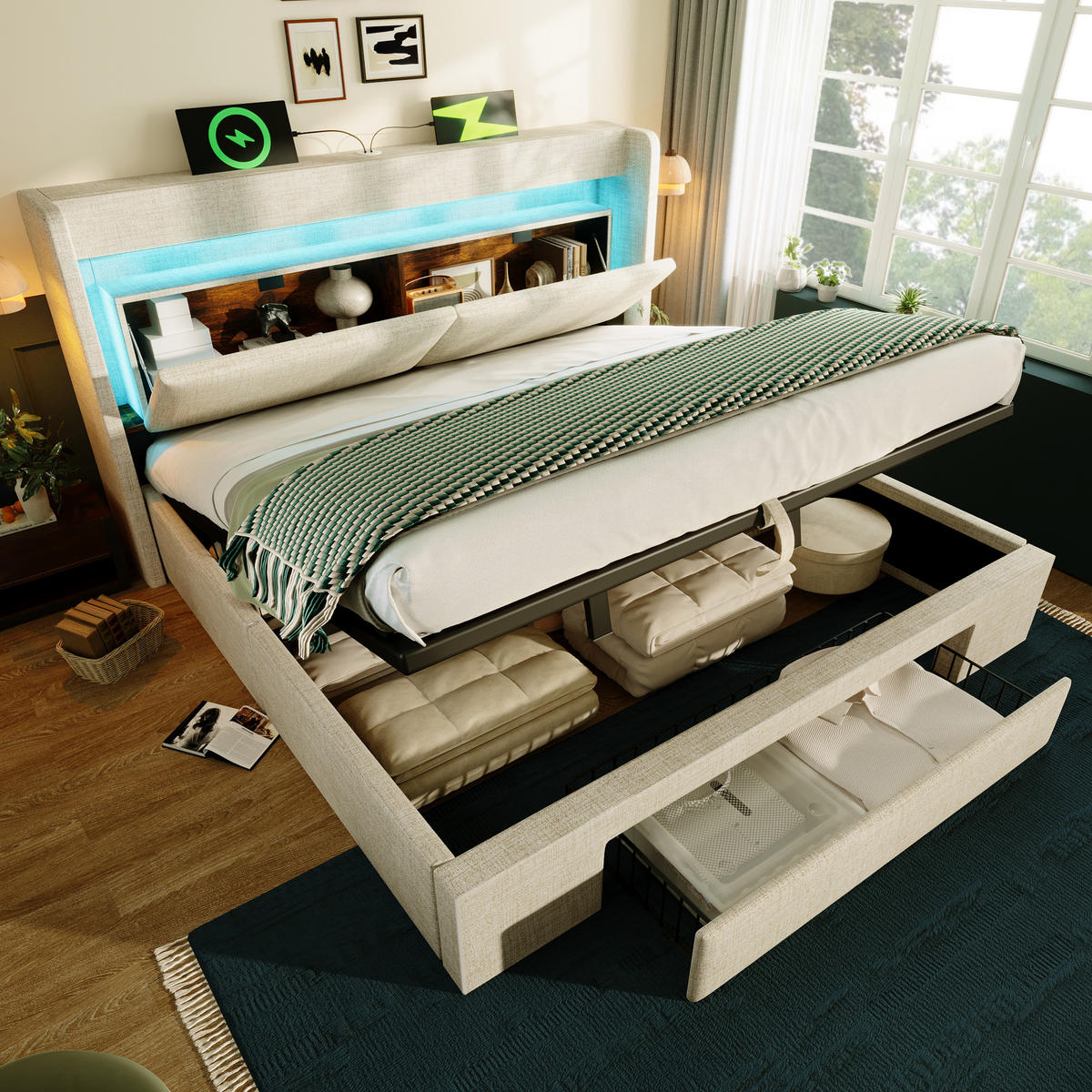 POLSTERBETT 180/200 cm mit LED, USB/USB-C, hydraulischem Stauraum und Schublade, Leinen, Beige - Beige, Textil (180/200cm) - Redom