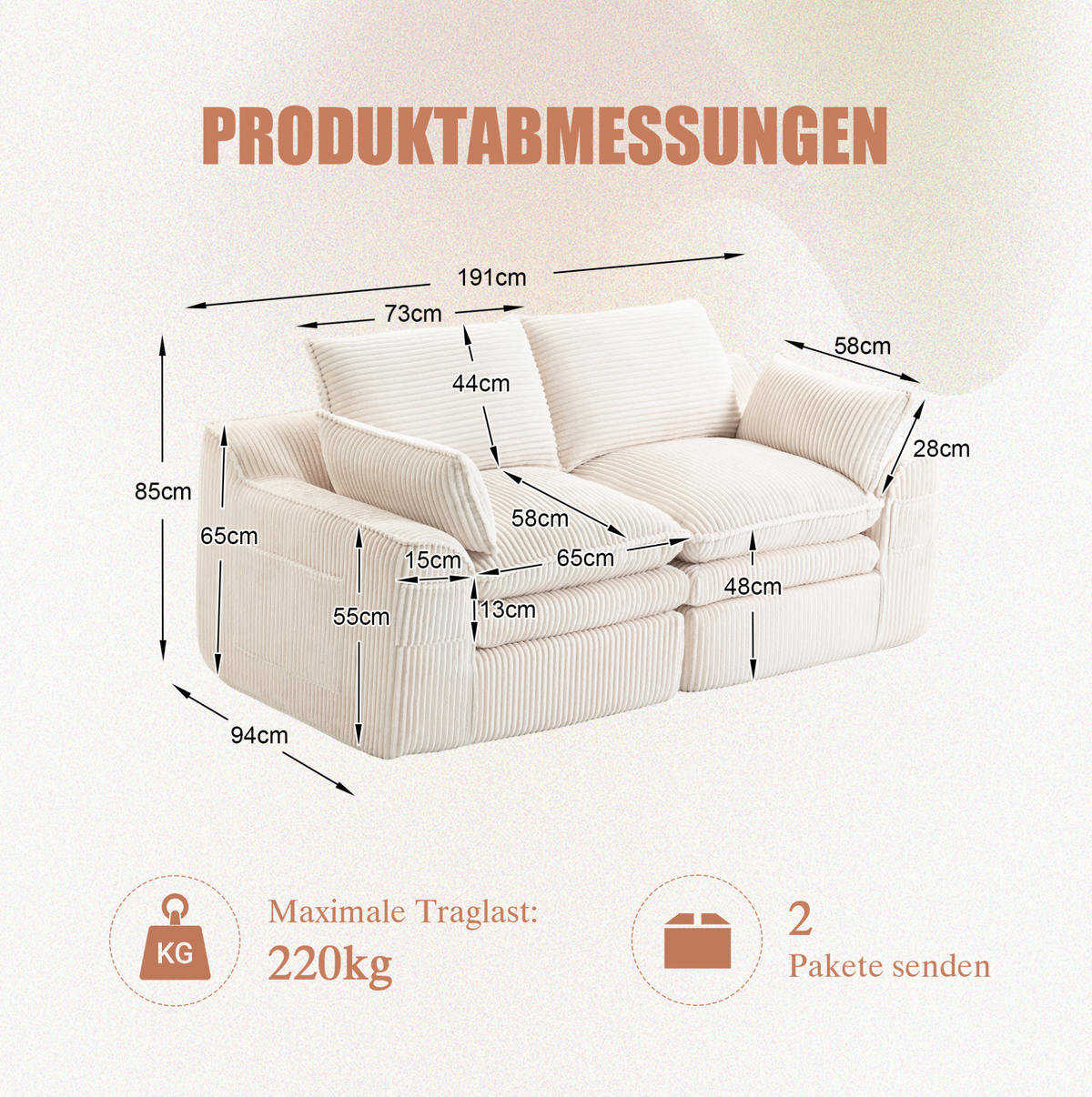 2-SITZER-SOFA aus Cord 191x94x85 cm Beige mit Seitentaschen, Kissen und Federkern - Beige, Textil (191/85/94cm) - Modfu