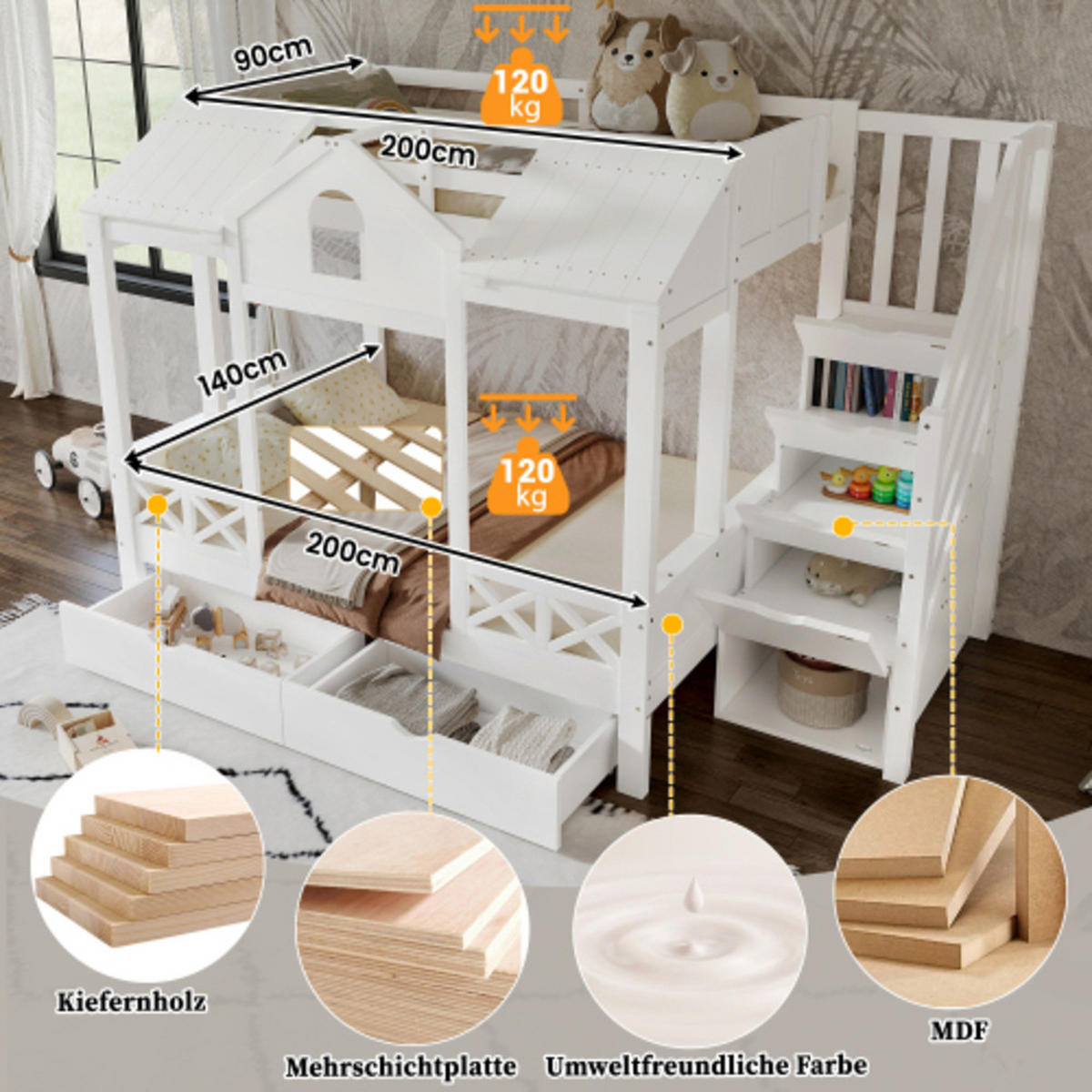 ETAGENBETT Kinderbett mit Spielhaus Design, 2 Schubladen, Treppenschrank mit 4 Fächern, für Liegeflächen 90x200 & 140x200, weiß - Weiß, Holzwerkstoff (140/200cm) - Luhomfu