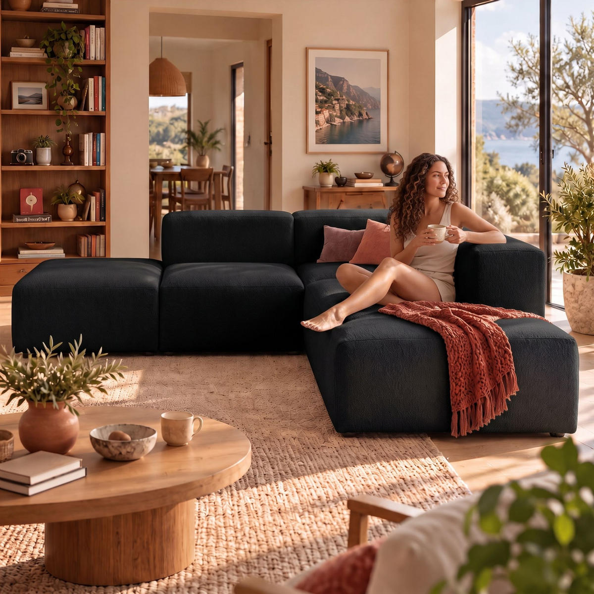 4-SITZER modulares Ecksofa HEAVEN SET 3 Rechts, Breite 270 cm Webstoff Schwarz - Schwarz, Holz/Kunststoff (270/245cm) - Muffo