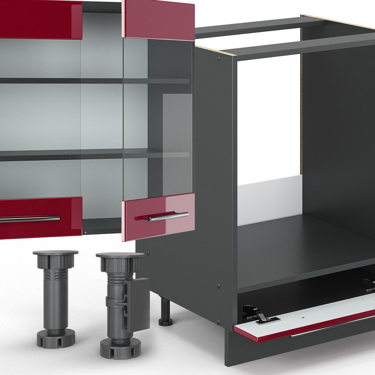 KÜCHENZEILE Fame-Line Bordeaux Hochglanz/Anthrazit 355 cm, AP Eiche - Bordeaux/Anthrazit, Holzwerkstoff (355/81.6/60cm) - Vicco