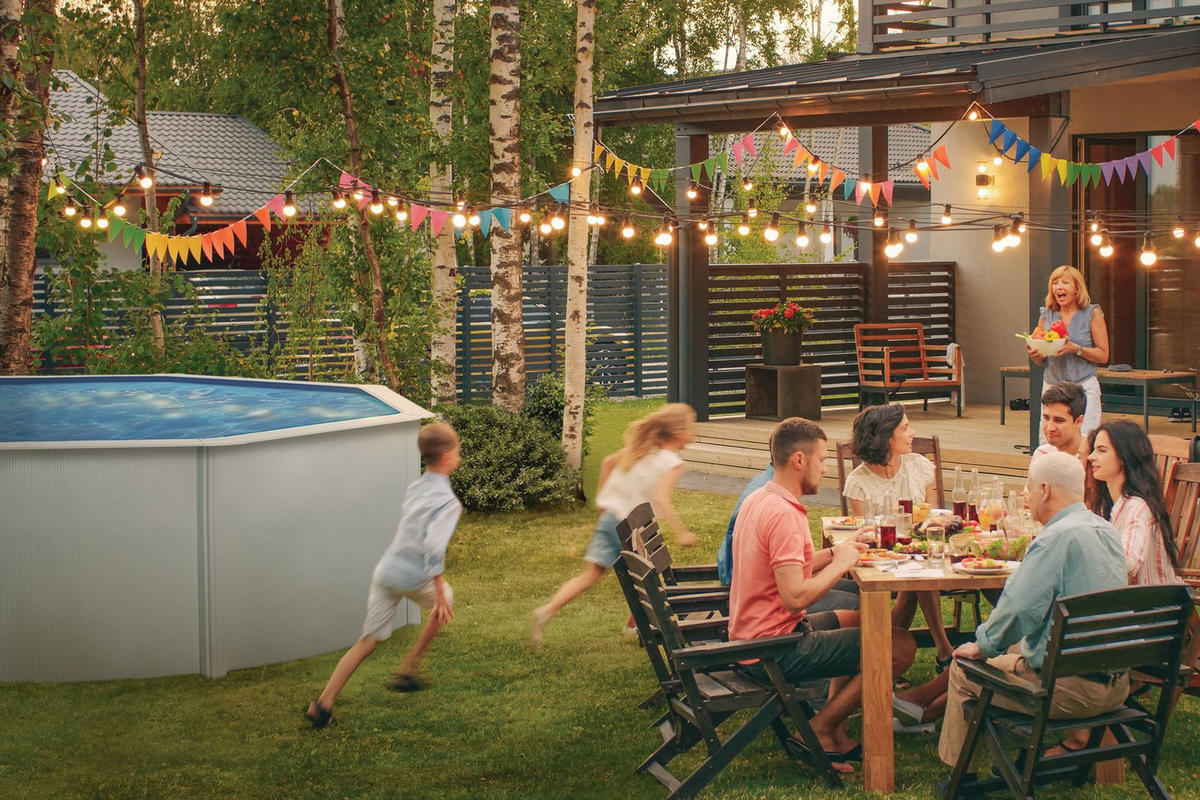 STAHLWANDPOOL oval L610 × B375 × H120 cm Weiß Komplett-Set - Weiß, Holz (375/120/610cm) - Swim & Fun 